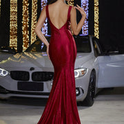 Deep V Strap Fishtail Evening Dress