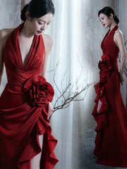 Wine Red Elegant Halter Dress