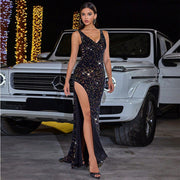 High Slit Sequined Evening Dress