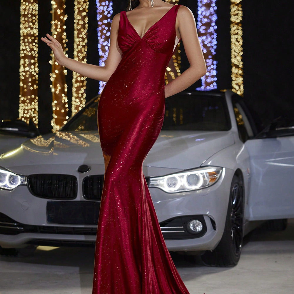 Deep V Strap Fishtail Evening Dress
