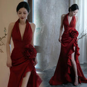 Wine Red Elegant Halter Dress