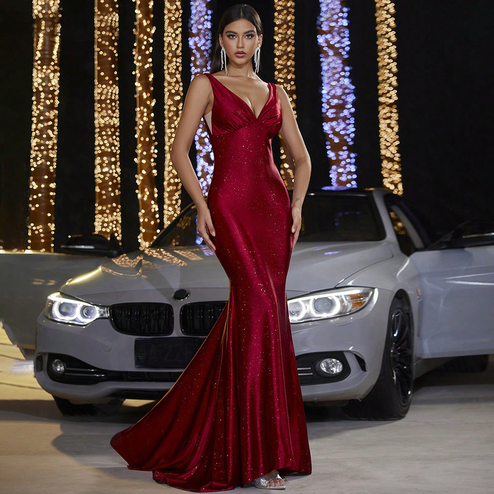Deep V Strap Fishtail Evening Dress