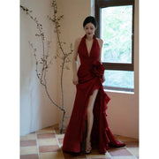 Wine Red Elegant Halter Dress