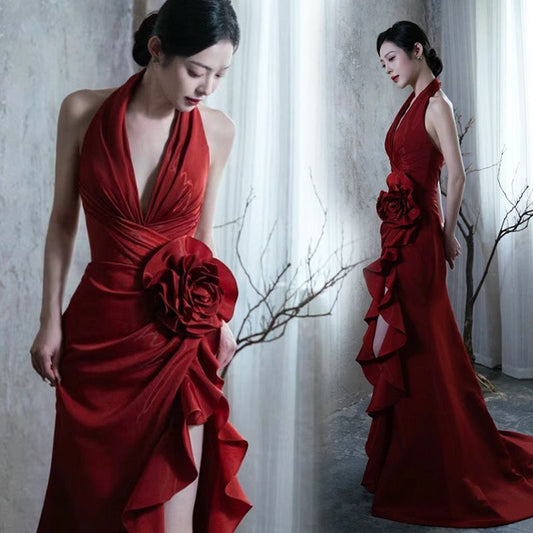 Wine Red Elegant Halter Dress