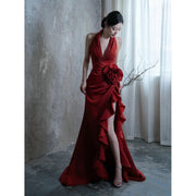 Wine Red Elegant Halter Dress