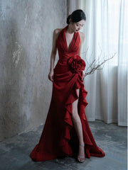 Wine Red Elegant Halter Dress