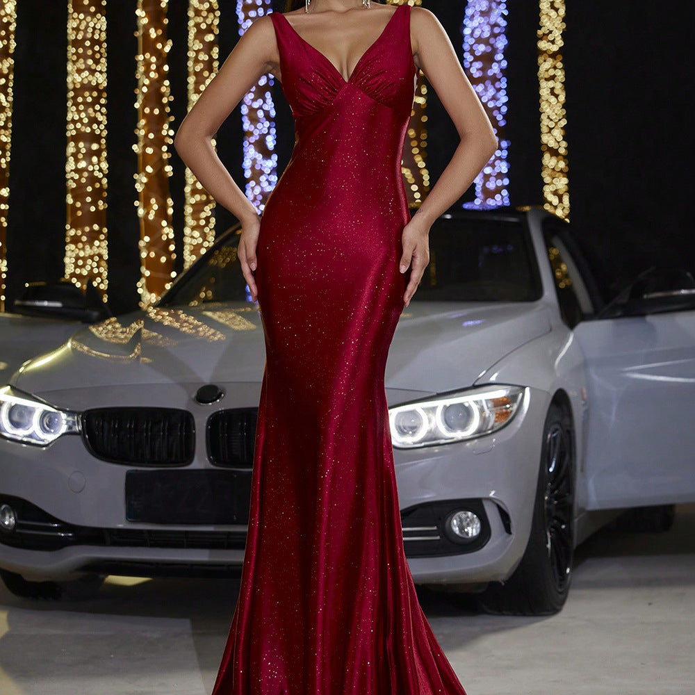 Deep V Strap Fishtail Evening Dress
